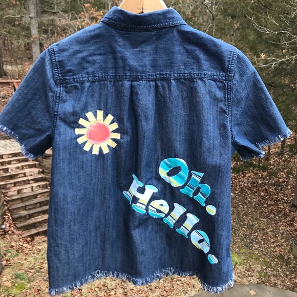 Women's Applique Denim Shirt, Size M: Upcycled Lightweight Button-Down, Oh Hello - Picture 5 of 8